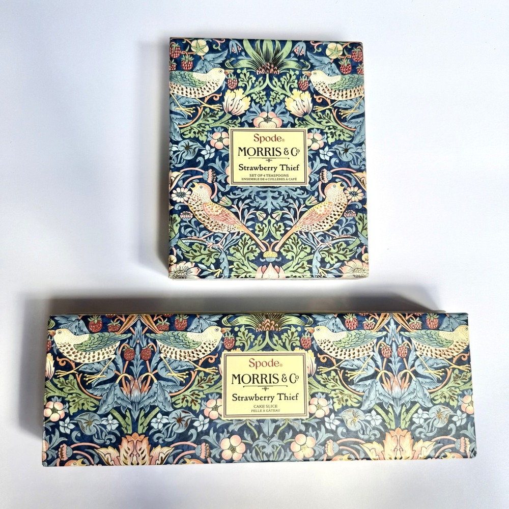 Spode Morris & Co Strawberry Thief Teaspoons & Cake Slice Set NIB Blue Floral